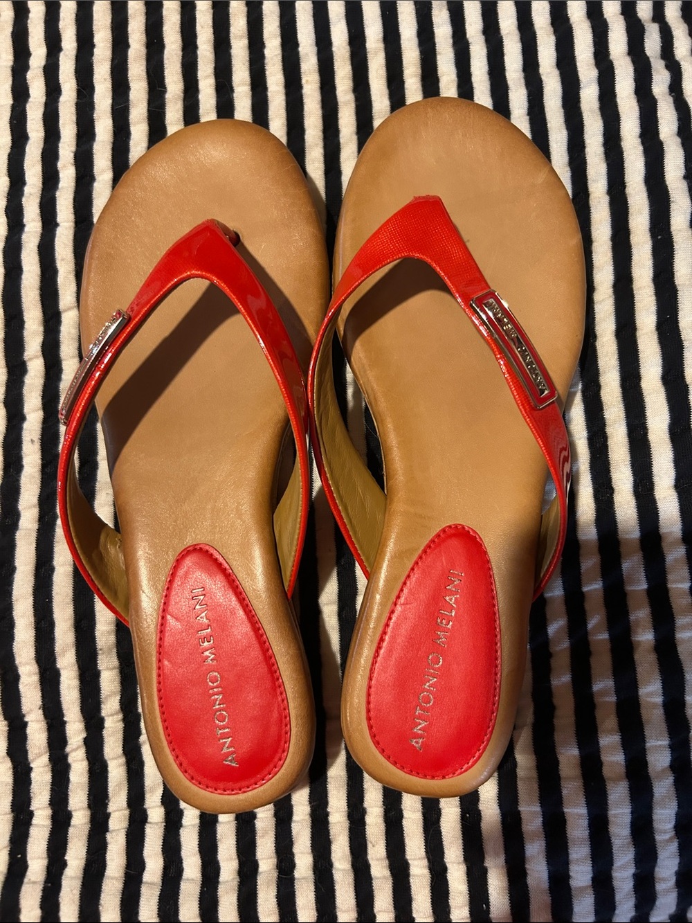 ANTONIO MELANI Red Patent Thong Sandals with Tan Insole